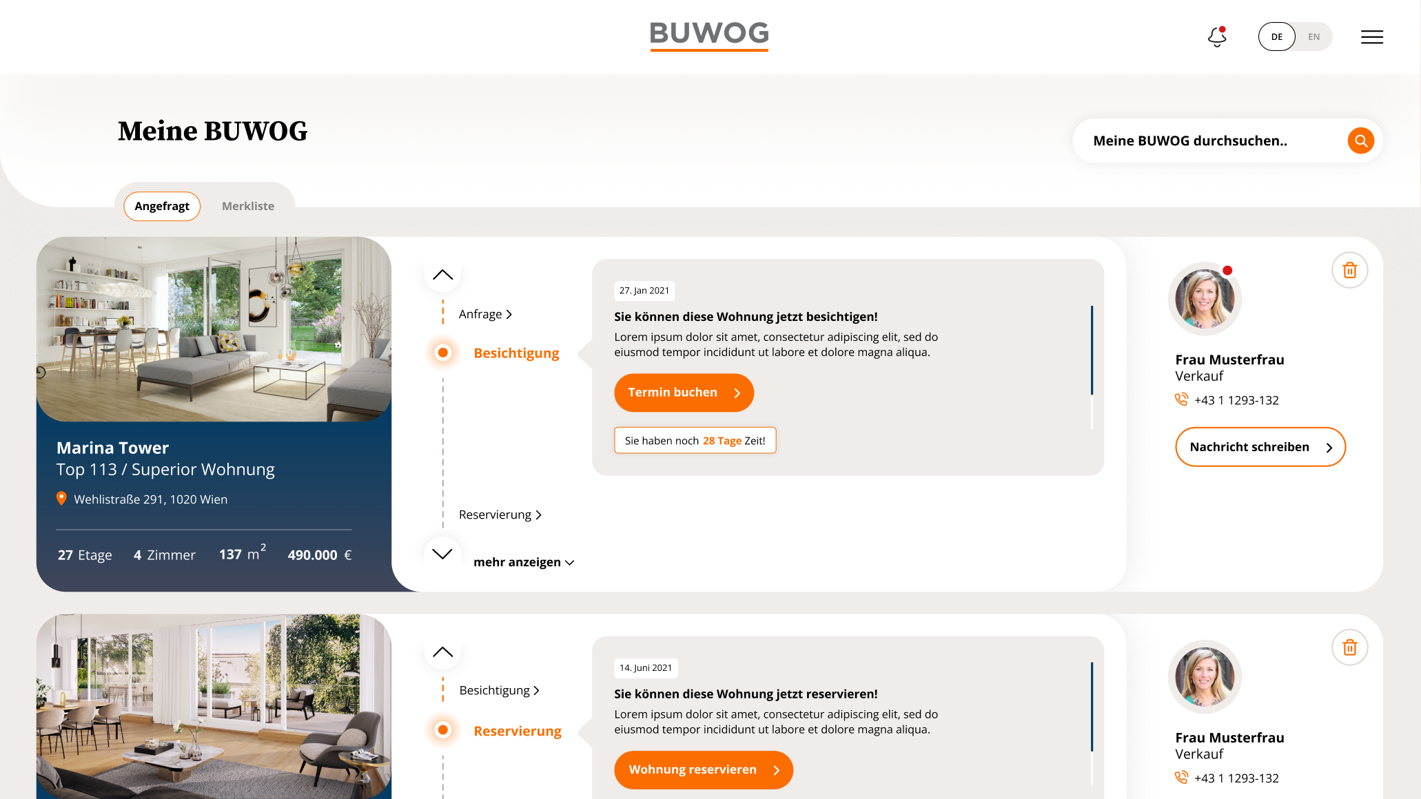 Buwog Customer Dashboard Status Desktop