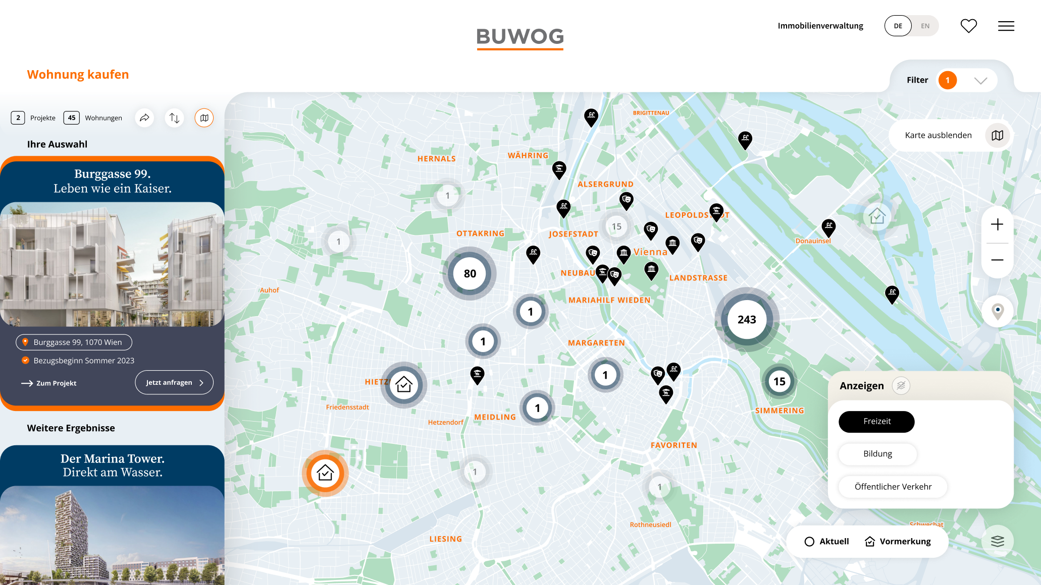 Buwog.at Interactive Map Green Spaces Desktop
