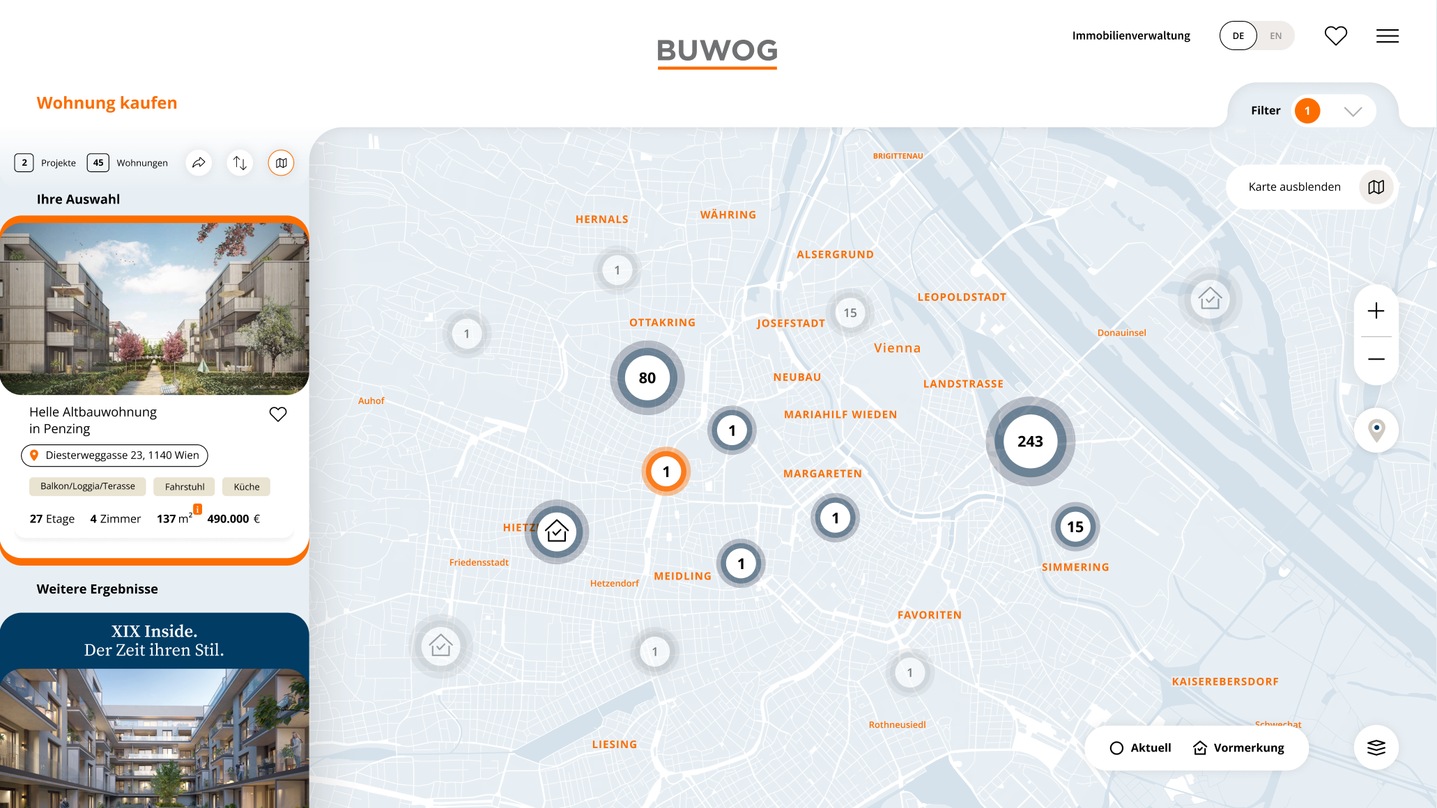 Buwog.at Interactive Map Selected Desktop